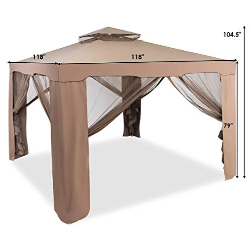 FDInspiration Coffee 10x 10 FT Patio Gazebo Tent Shelter Outdoor Canopy Shelter Party Sun Shade w/Mosquito Netting with Ebook - Thumbnail 2