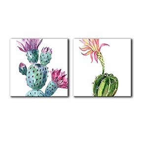 2 Panel Square Watercolor Style Cactus with White...