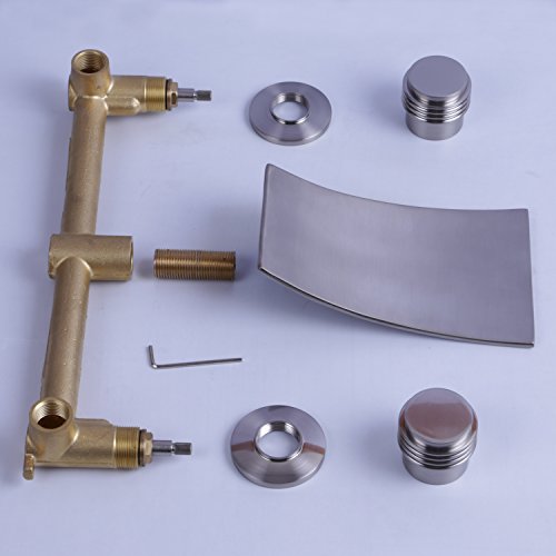 MAXSUM Double Handles Wall Mount Widespread Waterfall Bathtub Bathroom Vanity Sink Faucet Brushed Nickel Brass Wall Mount Tub Filler