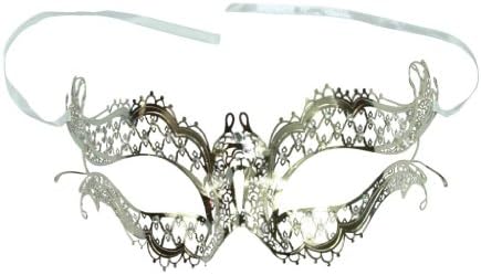 Kayso International Inc Men's Chrome Metal Masquerade Collection Venetian LaserCut Filigree Elena Eye Mask W Crystal Rhinestones One Size Fit All Silver