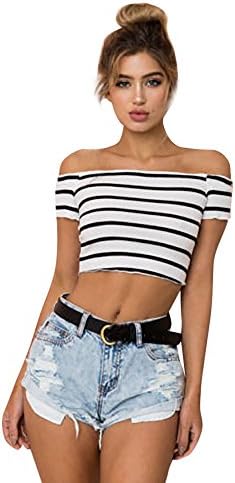 Women Shirts Fashion Sexy Casual Off Shoulder Stripe Short Sleeve Blouse Tunic Teen Girls Sweatshirt Pullover Tops