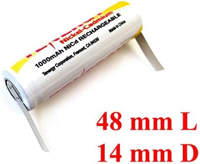 Rechargeable NiCd Battery with solder tabs fits some Philips Norelco, Braun, Remington Shavers, 1000 mAh, 48 mm long, 14 mm Diameter