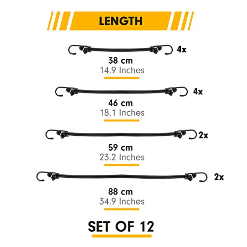 PRETEX 12 Bungee Cords with Hooks Long Cord Rope Pack in Black