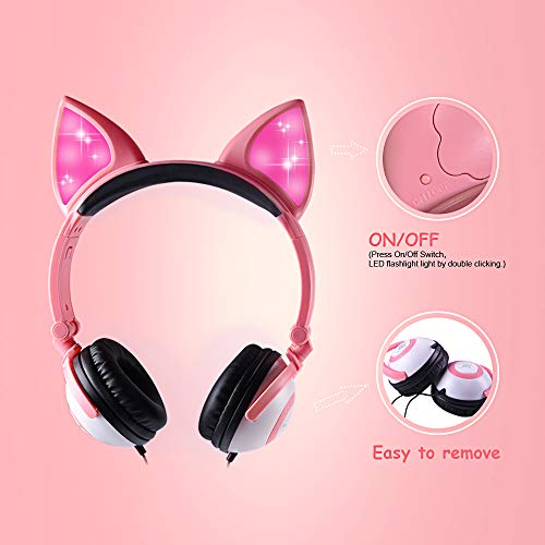 Esonstyle Kids headphones Over Ear with LED Glowing Cat Ears,Safe Wired Kids Headsets 85dB Volume Limited, Food Grade Silicone, 3.5mm Aux Jack, Cat-Inspired Purple Headphones for Girls (pink)