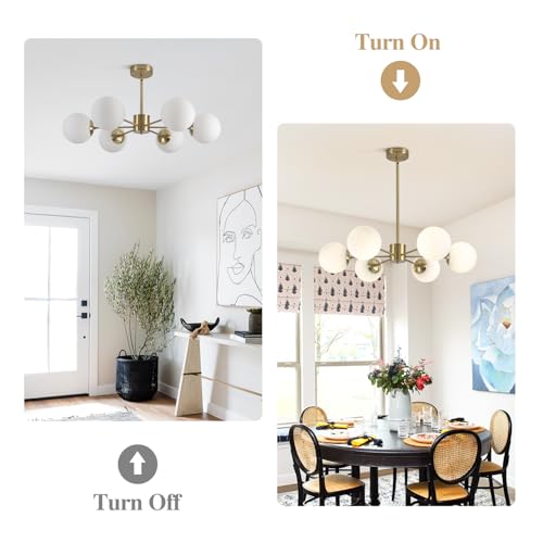 KCO Lighting Sputnik Vintage Gold Living Room Chandelier with 6 White Glass Globes, Minimalist Pendant Light 6 Lights with Adapter for Kitchen, Bedroom