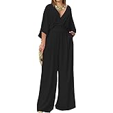 Wekumgy Jumpsuits for Women Plus Size Short Sleeve Casual Loose Wide Leg Jumpsuit Deep V Neck Rompers with Pockets