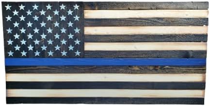 Mixed Media - Rustic Wooden Thin Blue Line American Flag | Gift for Police Officer | Law Enforcement | Blue Lives Flag | Police Home Decor | Pallet American Flag