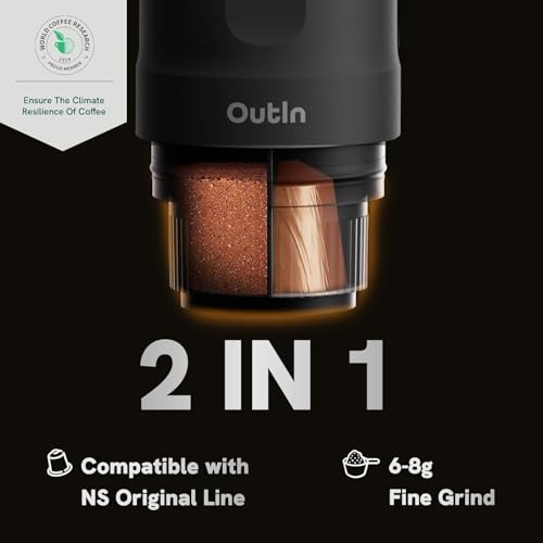 OutIn Nano Portable Electric Espresso Machine, Travel Coffee Maker | Self-Heating USB-C Car Coffee Maker for Ground Coffee & NS Capsules, Ideal for Camping, RV, Hiking and Office, Space Gray