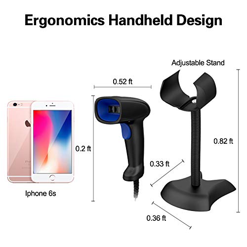 1D USB Barcode Scanner with Stand Fast Scanning Wired Handheld Bar Code Reader for 1D UPC PDF Book Quickbooks Library Label (Black)