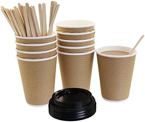 Insulated Ripple Hot Coffee Paper Cups Sets (50 Count) - Brown Cups, Black Lids, Wooden Coffee Stirrers - Perfect For Your Coffee/Tea, No Sleeves Needed (12 Ounce)