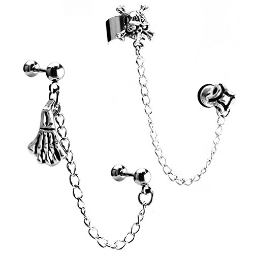 JewelrieShop Stainless Steel Ear Cuff Skull Skeleton Hands Chain Barbell Dangle,Cartilage Screw Earrings