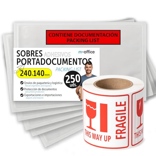 m-Office 250 x 140 mm Adhesive Document Wallets, Packing List, Transparent Envelopes for Shipments, Invoices, Delivery Notes and Documents, Waterproof with Strong Adhesion - m-Office (250 Pieces +