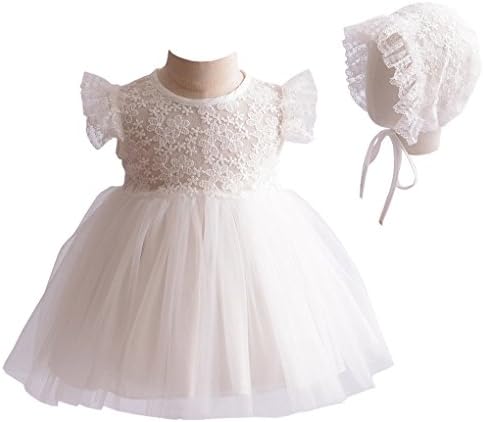 Baby Girls Lace Cap Sleeves Christening Baptism Gown Wedding Formal Tulle Dress with Floral Lace Bonnet Ivory Size 3M