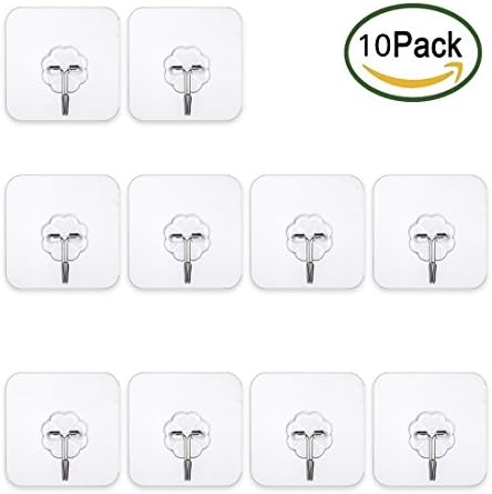 Self Adhesive Hooks Hangers - Set of 10 Wall Hooks - Heavy Duty 20 lb - Sticky Wall Hangers Without Nails - Reusable Kitchen Towel Bath Hooks