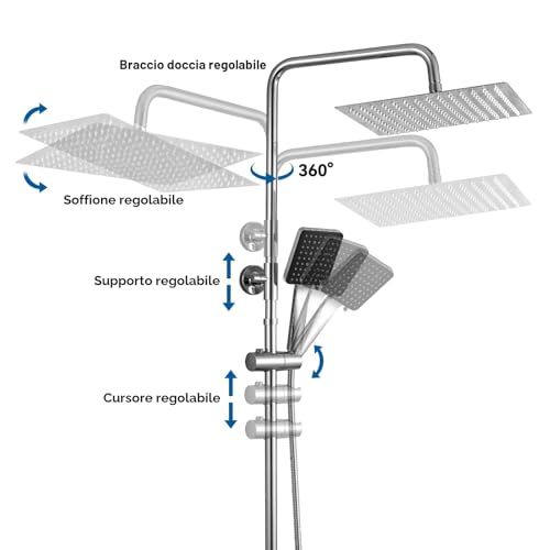 Auralum Chrome Thermostatic Shower Column with Mixer, Complete Set Rainshower 30 cm Stainless Steel, Adjustable Rod 88-124 cm and Hand Shower with 6 Modes of Use, Complete Shower Head
