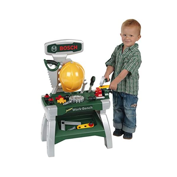 Theo Klein 8612 Bosch Werkbank Junior 2+ | Inkl. Helm, Schraubstock, Werkzeugen, Latten, Nägel, Schrauben und Muttern | Maße: 49 cm x 29 cm x 71 cm | Spielzeug für Kinder ab 2 Jahren – Bild 3