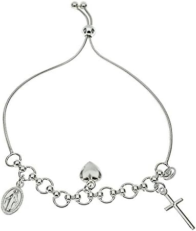 Guadalupe &amp; Cross Charm Bracelet Solid .925 Sterling Silver Adjustable