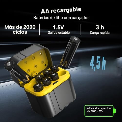 Paquete de 8 Pilas Recargables AA 1,5V Litio 3600mWh Alta Capacidad + Cargador Rápido con Pantalla LED - Más de 2000 Ciclos - Baterías de Larga Duración