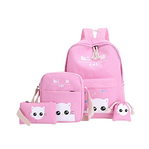 Vbiger Canvas Kids Backpack Set 4pcs Casual Kitty School Bag for Teenage Girls (Pink)