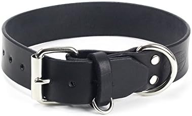 Bridle Leather Dog Collar by Rugged Material - Real Black Leather Collar with Leash Attachment and Dog Tag Ring - Large (Black)