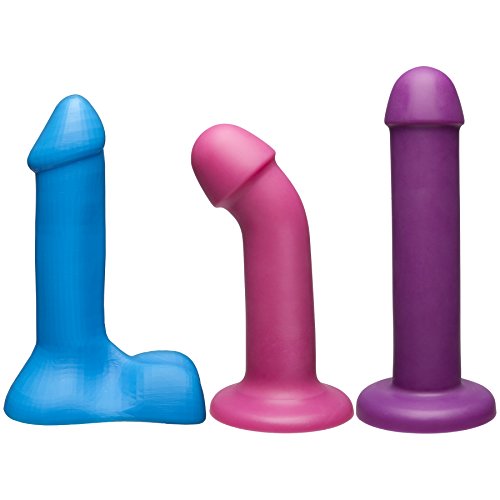 Doc Johnson Vac-U-Lock - Dual Density TRUSKYN Colors Set - 3 Non-Realistic Silicone Dildos, Supreme Harness, VUL Suction Cup, Toy Cleaner, Mood Water-Based Lube - Pegging - Pink, Blue, Purple