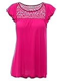 Doublju Womens Round Neck Ruffle Cap Sleeve Loose Fit Top With Lace Detail