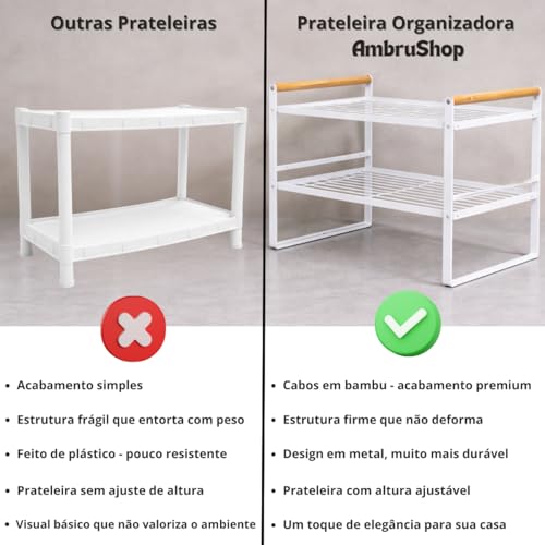 Prateleira Organizadora de Cozinha 2 Andares 33x33x20cm | Organizador de Armário Aramado em Metal Resistente com Cabo de Madeira Antiferrugem para Louças e Utensílios (Branco)