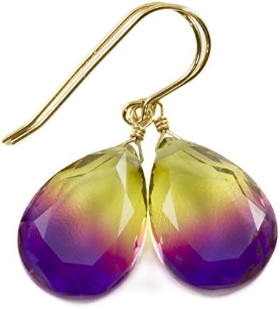 Bi Color Simulated Tourmaline Purple Yellow Earrings Faceted Teardrops Simple Dangle Drops 1.4"