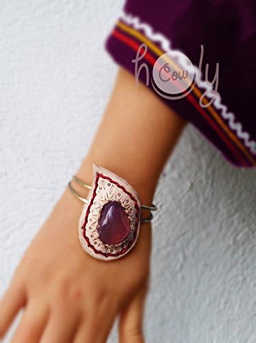 Handmade Leather Bracelet With Purple Pink Gemstone