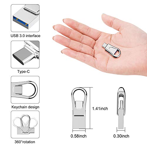 USB Type C Flash Drive, KEXIN Metal USB 3.0 Dual Drive 64GB High Speed Waterproof Mini USB 3.0 Memory Stick 64 GB Thumb Drive Jump Drives Zip Drive for New MacBook, PC, Type C Phones, Silver