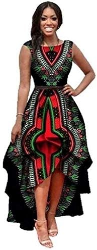 Yeshire Womens African Print Sleeveless High Low Dashik Formal Prom Peplum Flare Midi Party Dress