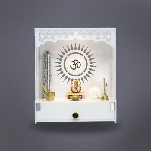 Heartily® Acrylic Shree Beautiful Pooja Stand for Home Mandir for Home Temple for Home and Office Puja Mandir for Home and Office Wall with LED Spot Light Product (H- 18, L- 16, W-8.75 Inch)