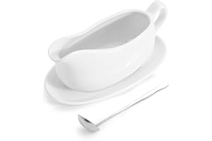 LoeJan 17 oz Gravy Boat with Sauce, Large White Ceramic Gravy Boat with Spoon, Easy-Pour Big Dripless Lip Spout Serveware Set For Salad Cream Milk Broth Black Pumpkin Thanksgiving