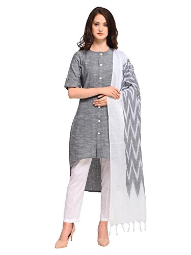 inddus grey and white ikkat handloom cotton printed dupatta