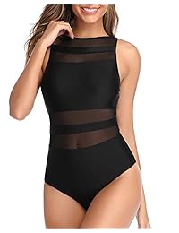 Traje de baño de una pieza de cuello alto de dama Holipick Traje de baño de malla de rayas