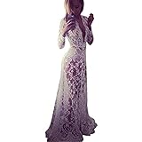 Fedi Apparel Lace Beach Sundress Sexy Deep-V Long Sleeve See-Through Maxi Dress White Asian XXL