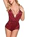 ADOME Women Lingerie Bodysuit V Neck Teddy Lace Babydoll Satin Pajamas Nightwear (M, Wine Red)