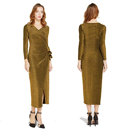 ThusFar Women\'s Long Sleeve Wrap Dresses - Sexy Glitter Ruched V Neck High Slit Maxi Dress X-Large Gold
