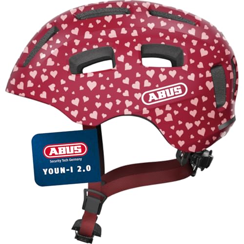 ABUS Fahrradhelm Youn-I 2.0 - mit Licht für Kinder, Jugendliche und junge Erwachsene - für Mädels und Jungs - Rot mit Herz-Muster, Größe M, M (52-57 c