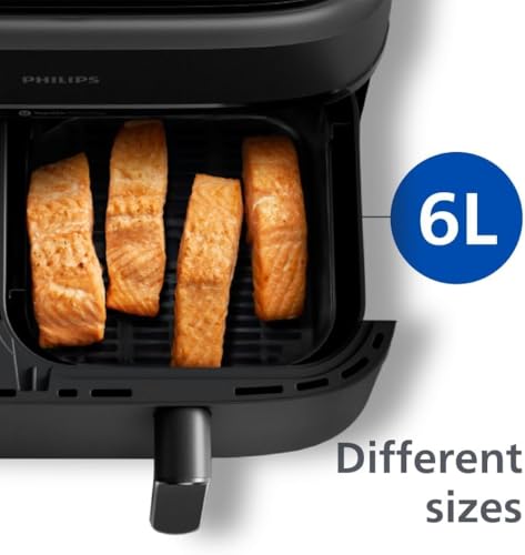 Philips Dual Basket Air Fryer – 9L Total Capacity with Two Different-Sized Drawers, Versatile Cooking Options with Rapid Air Technology, Touchscreen, Ideal for Roasting, Baking & Grilling (NA350/00)