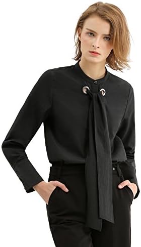 AMII Women's Round Neck String Tie Long Sleeve Casual Blouses Black 2XL