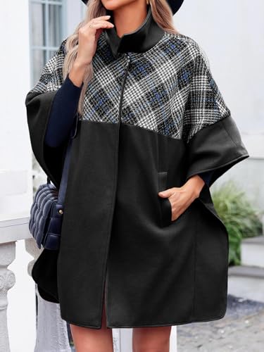 TANKANEO WOMENS OVERSIZED PLAID PEA COAT WINTER CASUAL MID LENGTH CAPE PONCHO JACKETS WITH POCKETS