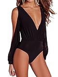 Clothink Women Black V neck Slit sleeve Cut out Open Back Ruched Bodysuit
