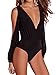 Clothink Women Black V neck Slit sleeve Cut out Open Back Ruched Bodysuit
