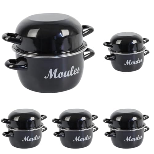 Crealys 545411 Marmite à Moules traditionelle en Acier Emaillé Noir Ø20 cm, 2,8 Litres - Casserole à moules compatible tous feux dont induction (Lot de 5)