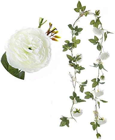 Felice Arts 5.9Ft Fake Peony Vine Garland Artificial Flower Plants Green Leaf Hanging Vine Garland for Wedding Party Home Garden Wall Decoration-Cream …