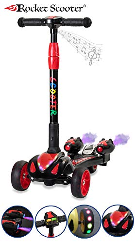 The Original Rocket Scooter, Kids Kick Scooter, Music, 3 Colors Lighted Wheels, Spray Lights, Sturdy Steering Handlebar, Stable Board, Adjustable Height & Foldable Design (Black)