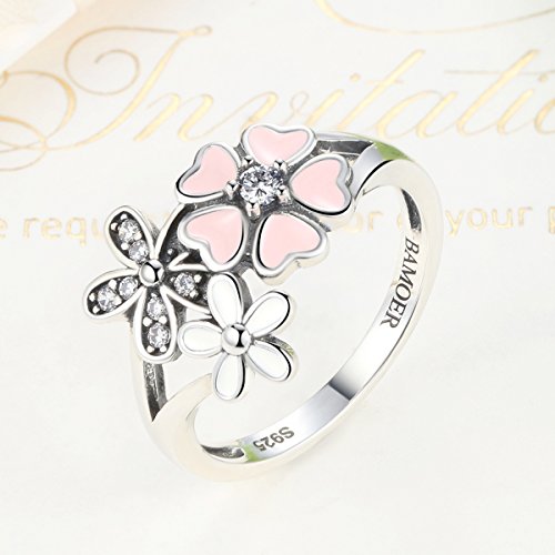 BAMOER 925 Sterling Silver Rings Pink White Enamel Cherry Blossom Flower Ring for Women Anniversary Ring Size 6 7 8 9