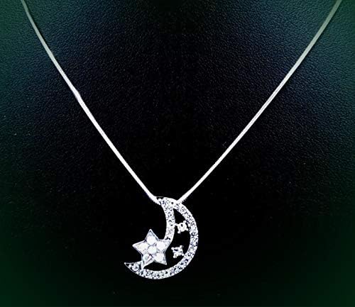 Crescent Moon Star Silver Tone Austrian Crystal Pendant 17" Rhinestone Necklace Set for Women M-0394