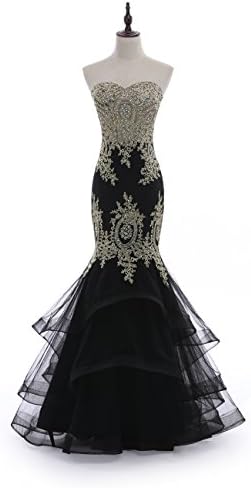 mashahan Embroidered Mermaid Formal Evening Prom Dresses with Tiered Skirt Black US4